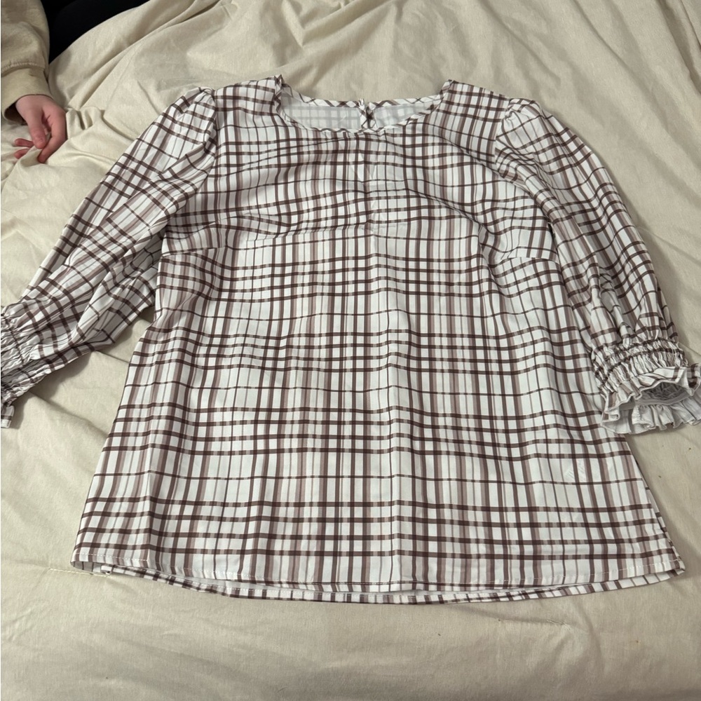 SHEIN Brown and White Plaid Blouse